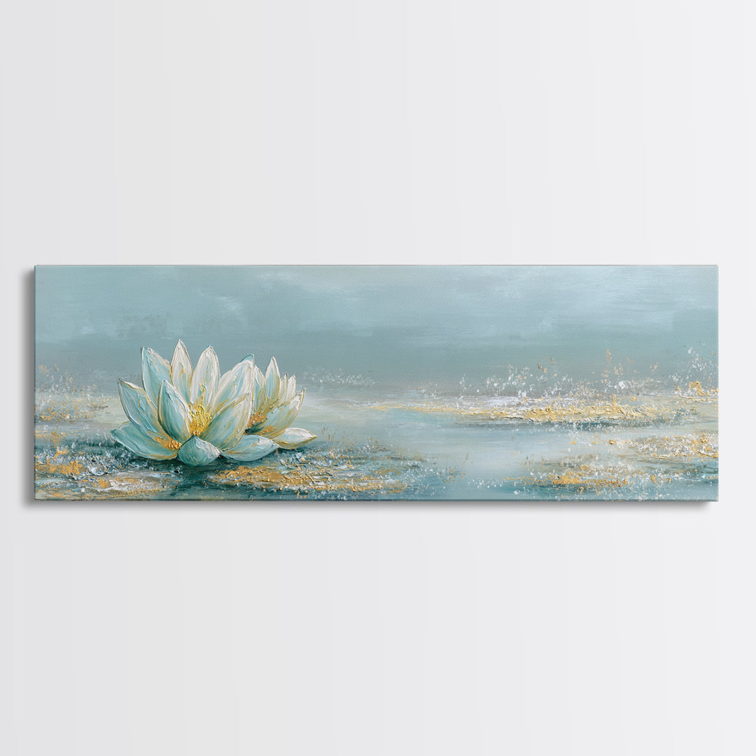 Lotus Flower Floating on Still Water Framed Canvas Print, Medical Office Art, Office Decor, Oil Painting, Calm, MOA-3x1-51