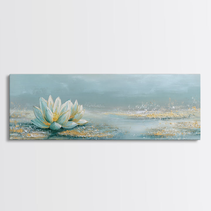 Lotus Flower Floating on Still Water Framed Canvas Print, Medical Office Art, Office Decor, Oil Painting, Calm, MOA-3x1-51