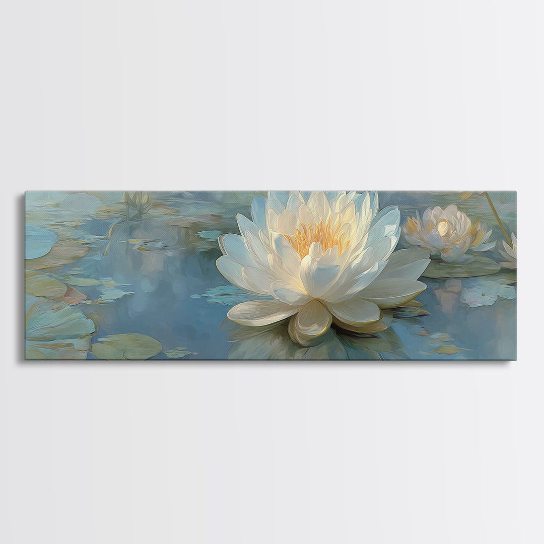 Lotus Flower Floating on Still Water Canvas Print, Medical Office Art, Teal Wall Art, Office Decor, Watercolor Art, Calm, MOA-3x1-75