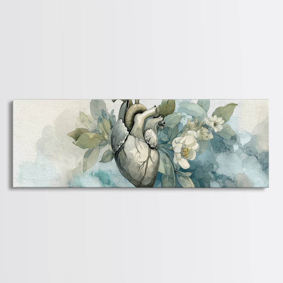 Anatomical Heart Rendered as Tasteful Botanical Art Canvas Print, Medical Office Art, Anatomy Poster, Office Decor, Calm, MOA-3x1-77