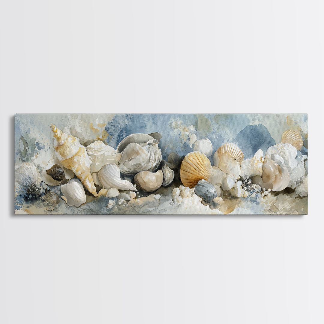 Coastal Shells and Water Study Framed Canvas Print, Medical Office Art, Digital Art, Office Decor, Calm, Medical Decor, MOA-3x1-84
