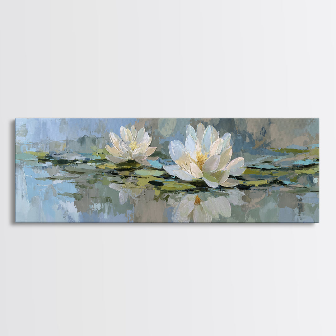 Lotus Flower Floating on Still Water Framed Canvas Print, Medical Office Art, Office Decor, Oil Painting, Calm, MOA-3x1-99