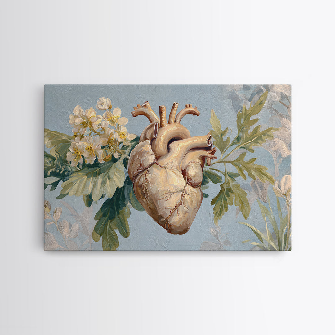 Anatomical Heart Rendered as Tasteful Botanical Art Framed Canvas Print, Medical Office Art, Anatomy Art, Office Decor, Calm, MOA-3x2-41