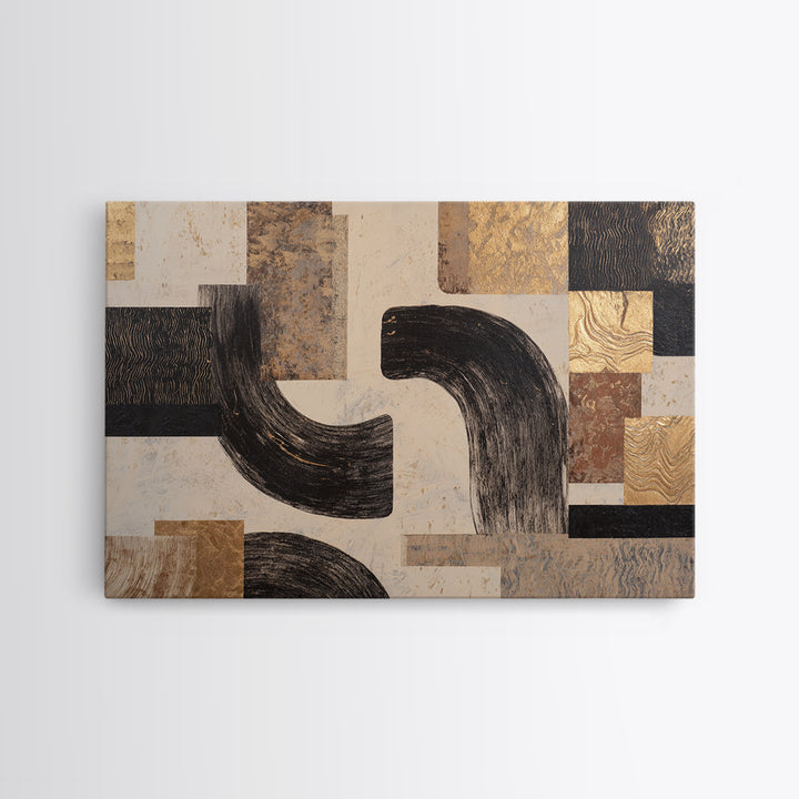 Dynamic Black Brush Marks on Neutral Ground Framed Canvas Print, Modern Art, Art Deco, Living Room Decor, Fine Art, Modern, MOD-3x2-63