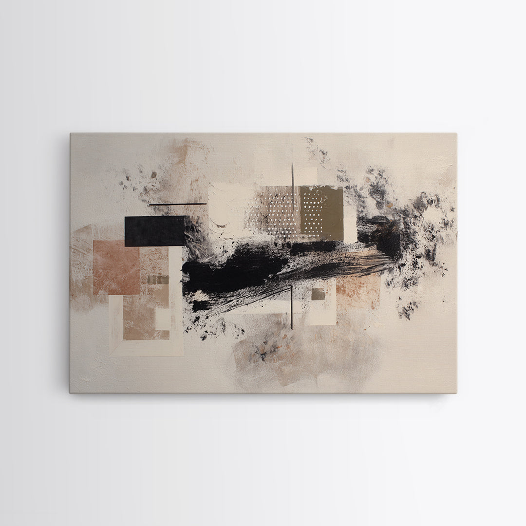 Dynamic Black Brush Marks on Neutral Ground Framed Canvas Print, Modern Art, Fine Art Print, Living Room Decor, Modern, MOD-3x2-87
