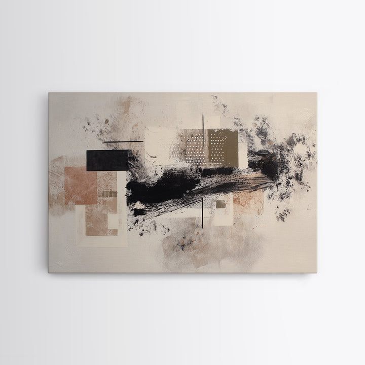 Dynamic Black Brush Marks on Neutral Ground Framed Canvas Print, Modern Art, Fine Art Print, Living Room Decor, Modern, MOD-3x2-87