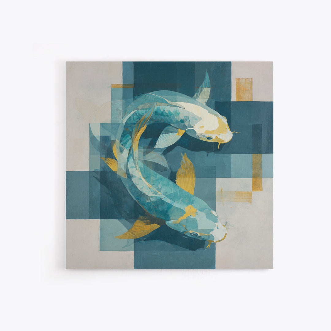 Teal Koi Fish on Tonal Water Framed Canvas Print, Monochrome Art, Gallery Decor, Living Room Decor, Fine Art, Mono, MON-1x1-41