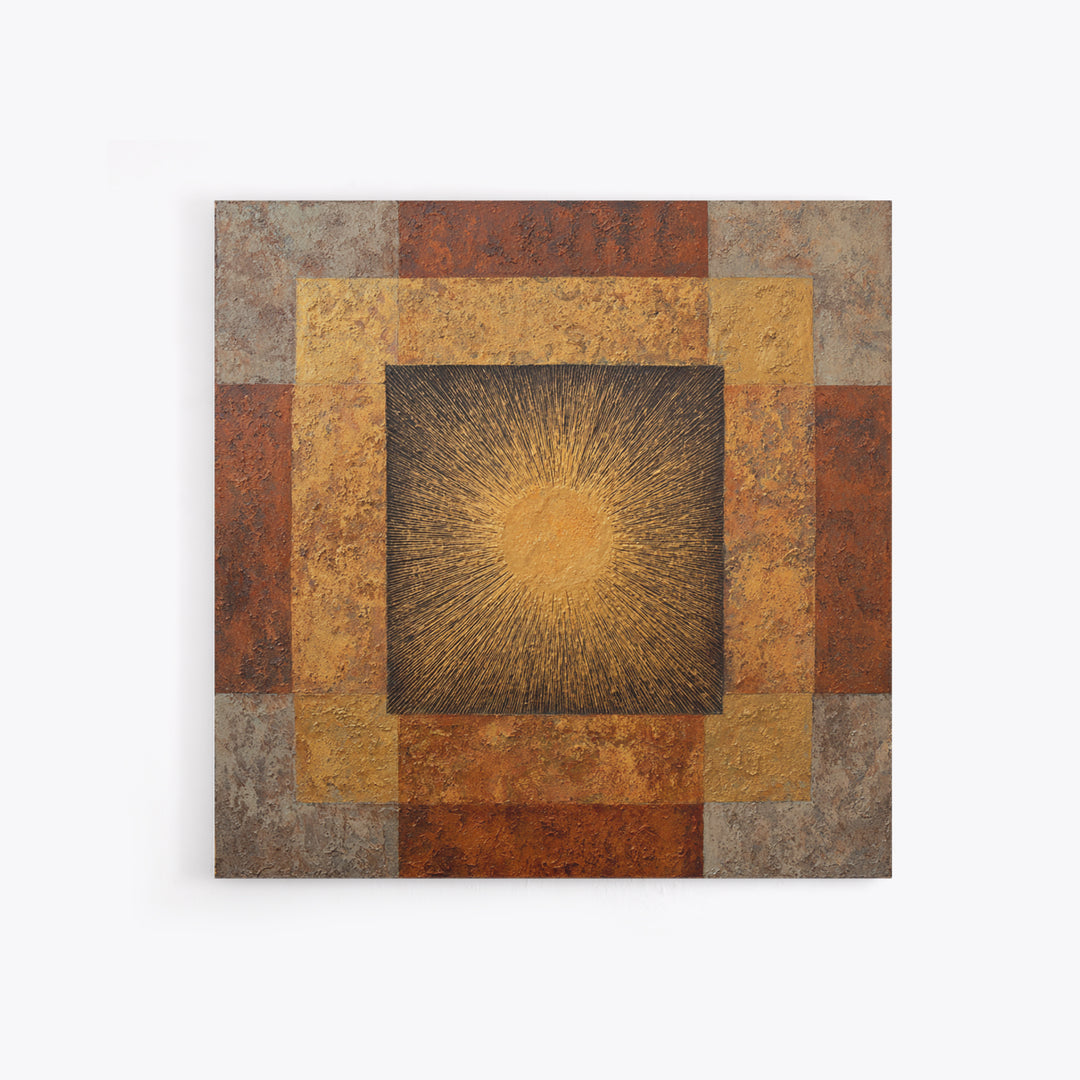 Gold Tonal Sunburst Medallion Framed Canvas Print, Monochrome Art, Wallpaper Mural, Living Room Decor, Fine Art, Mono, MON-1x1-62