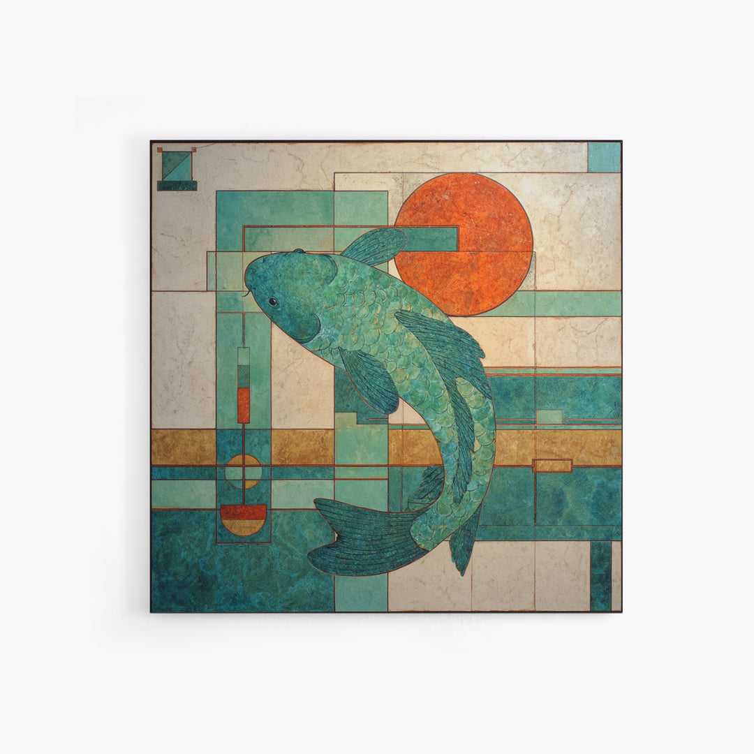 Teal Koi Fish on Tonal Water Framed Canvas Print, Monochrome Art, Gallery Decor, Living Room Decor, Fine Art, Mono, MON-1x1-65