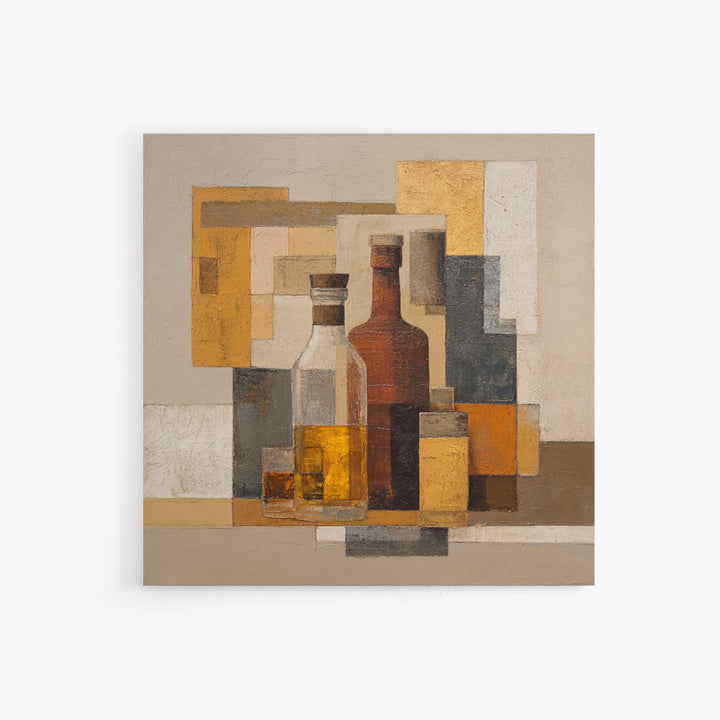 Brown Leather and Whiskey Still Life Framed Canvas Print, Monochrome Art, Abstract Painting, Living Room Decor, Fine Art, Mono, MON-1x1-71