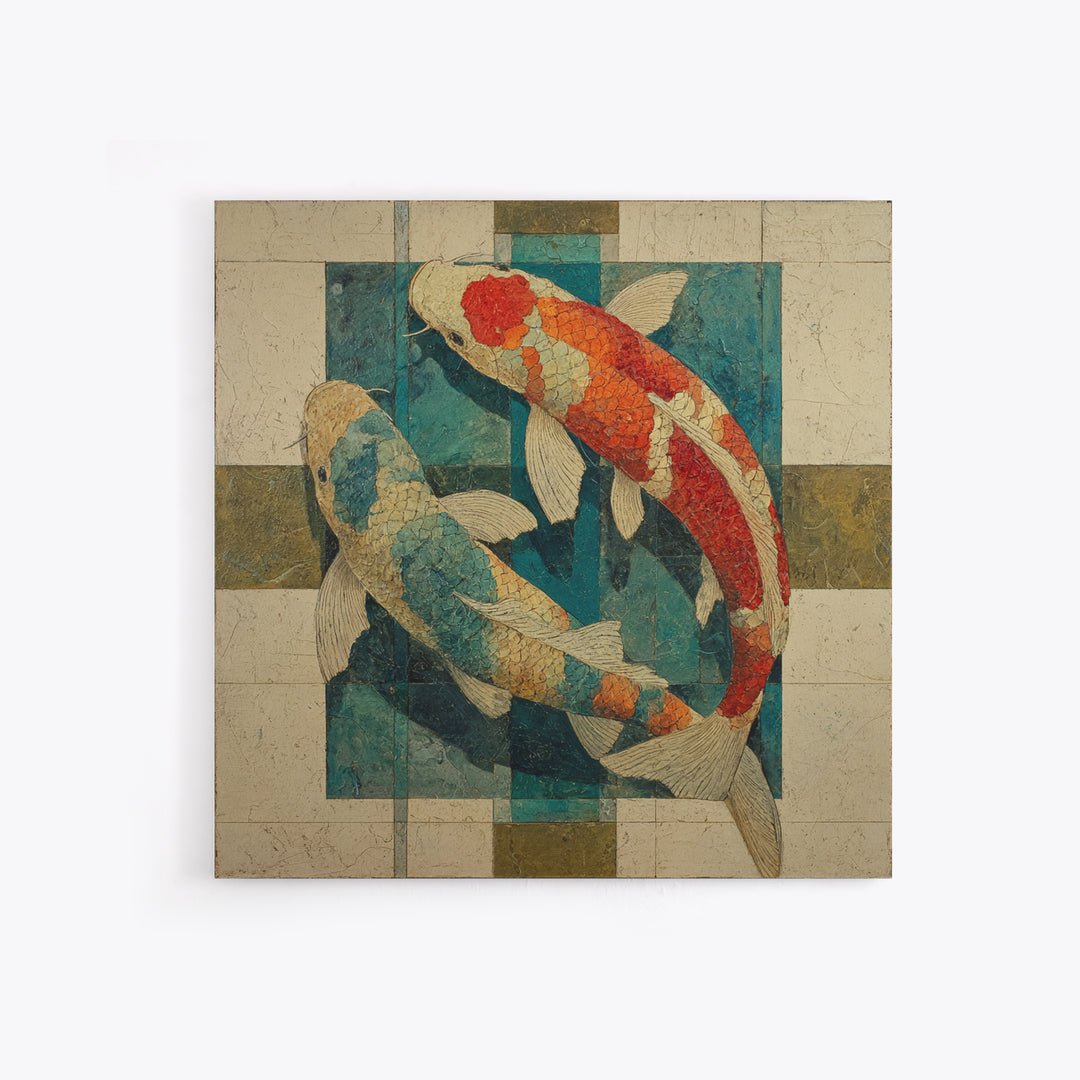 Teal Koi Fish on Tonal Water Canvas Print, Monochrome Art, Boho Decor, Living Room Decor, Fine Art, Mono, Digital Art, MON-1x1-89