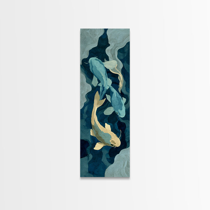 Teal Koi Fish on Tonal Water Framed Canvas Print, Monochrome Art, Neutral Decor, Living Room Decor, Fine Art, Mono, Home Decor, MON-1x3-29