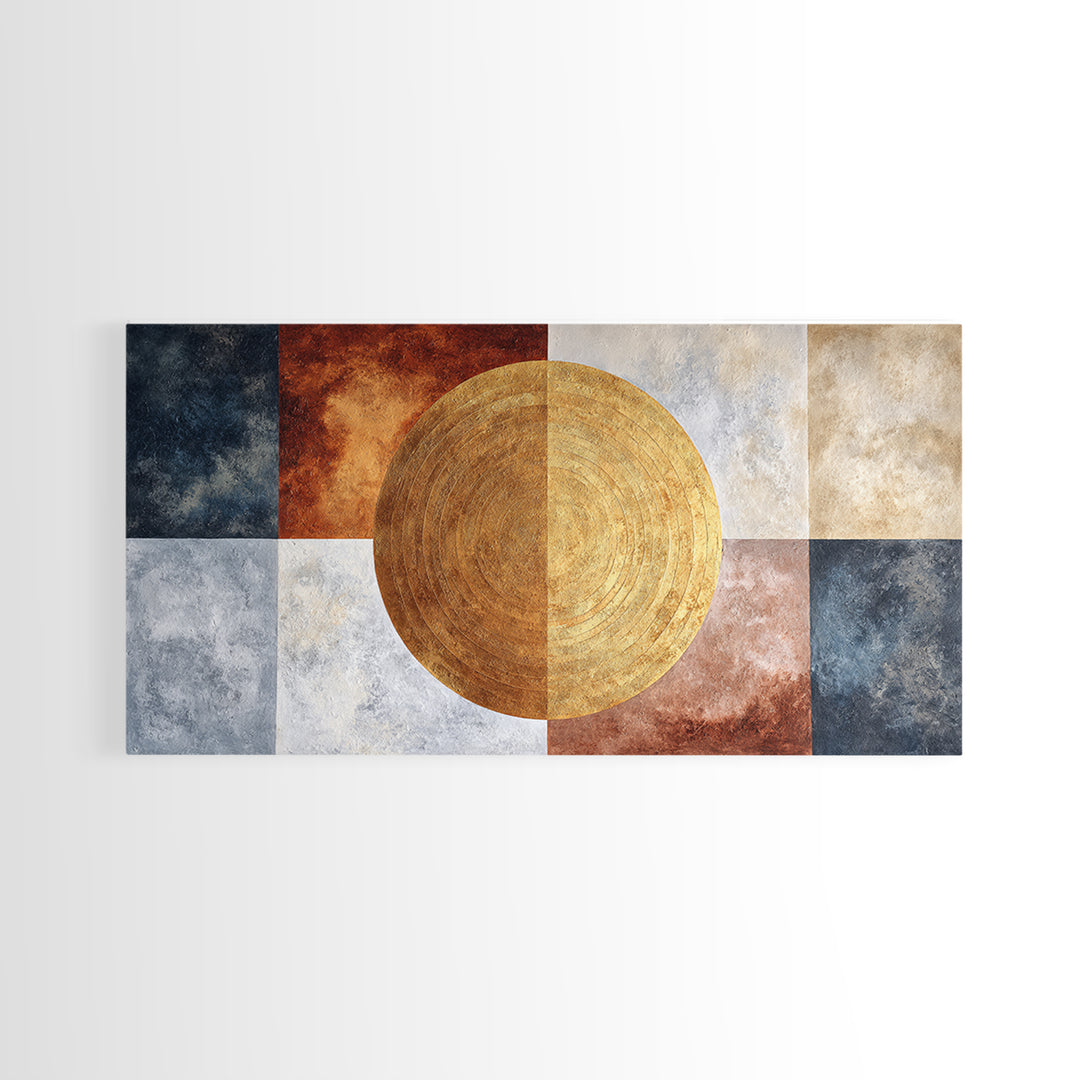 Gold Tonal Sunburst Medallion Framed Canvas Print, Monochrome Art, Luxury Decor, Living Room Decor, Fine Art, Mono, MON-2x1-10