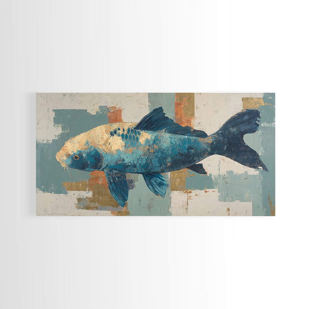 Teal Koi Fish on Tonal Water Framed Canvas Print, Monochrome Art, Minimalist Decor, Living Room Decor, Fine Art, Mono, MON-2x1-37