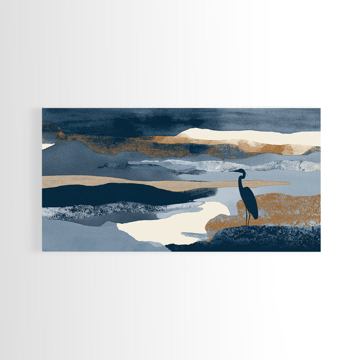 Blue Heron in Monochrome Navy Palette Canvas Print, Monochrome Art, Boho Decor, Living Room Decor, Fine Art, Mono, Art Print, MON-2x1-4