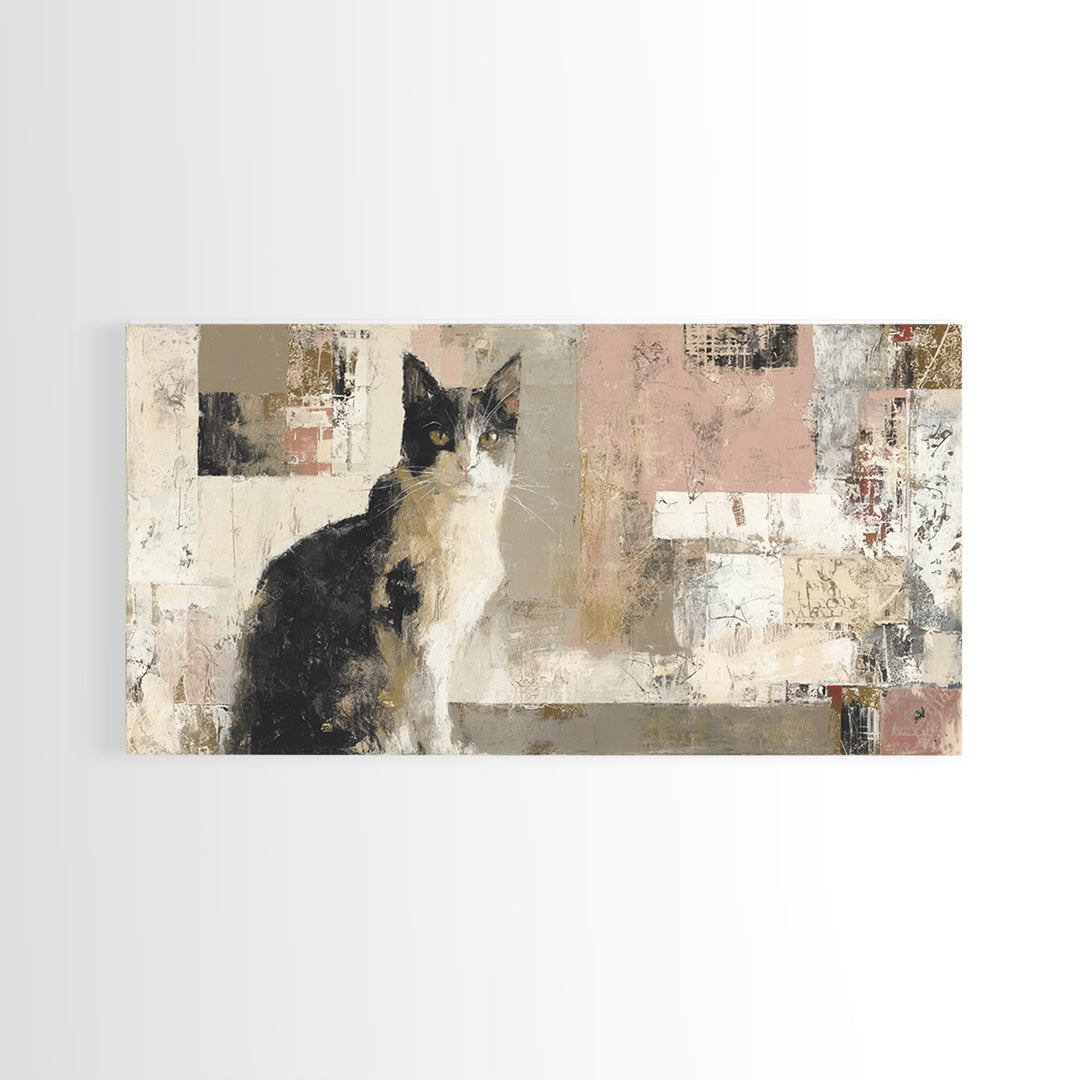Monochrome Cat Portrait Framed Canvas Print, Monochrome Art, Bedroom Decor, Living Room Decor, Mono, Abstract Painting, MON-2x1-55