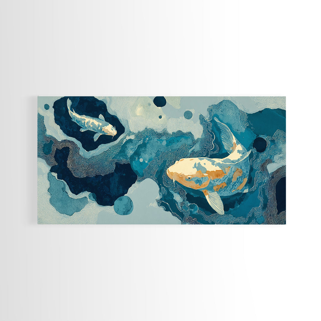 Teal Koi Fish on Tonal Water Framed Canvas Print, Monochrome Art, Digital Wall Art, Living Room Decor, Fine Art, Mono, MON-2x1-85