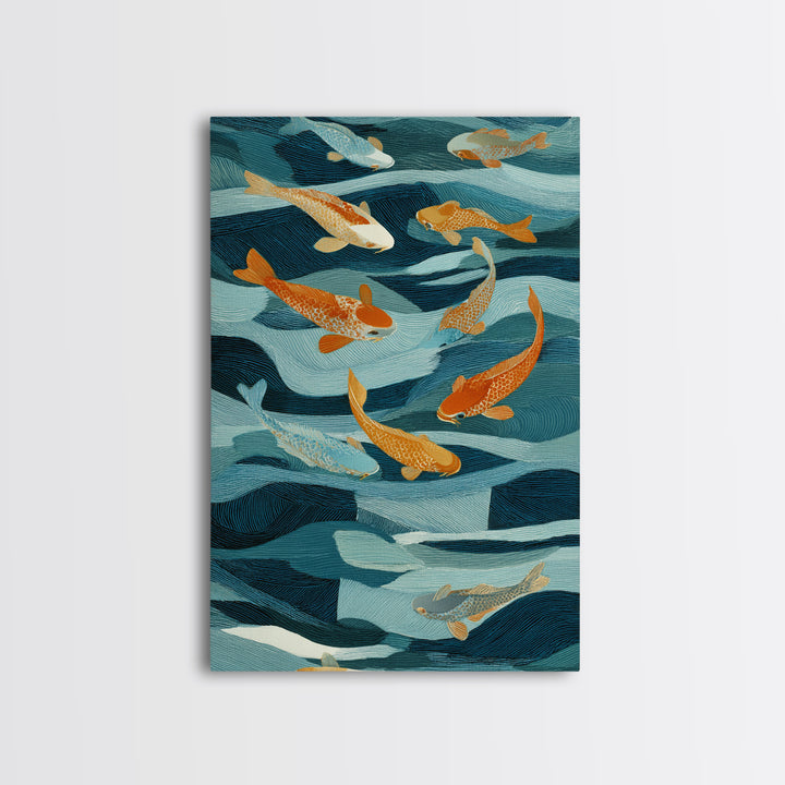 Teal Koi Fish on Tonal Water Framed Canvas Print, Monochrome Art, Wall Art, Living Room Decor, Fine Art, Mono, Abstract Art, MON-2x3-1