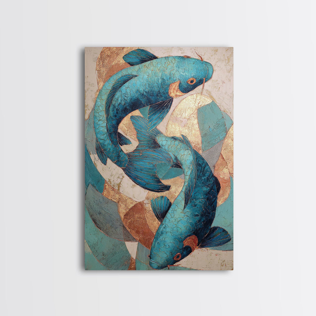 Teal Koi Fish on Tonal Water Framed Canvas Print, Monochrome Art, Wall Art, Living Room Decor, Fine Art, Mono, Abstract Art, MON-2x3-25