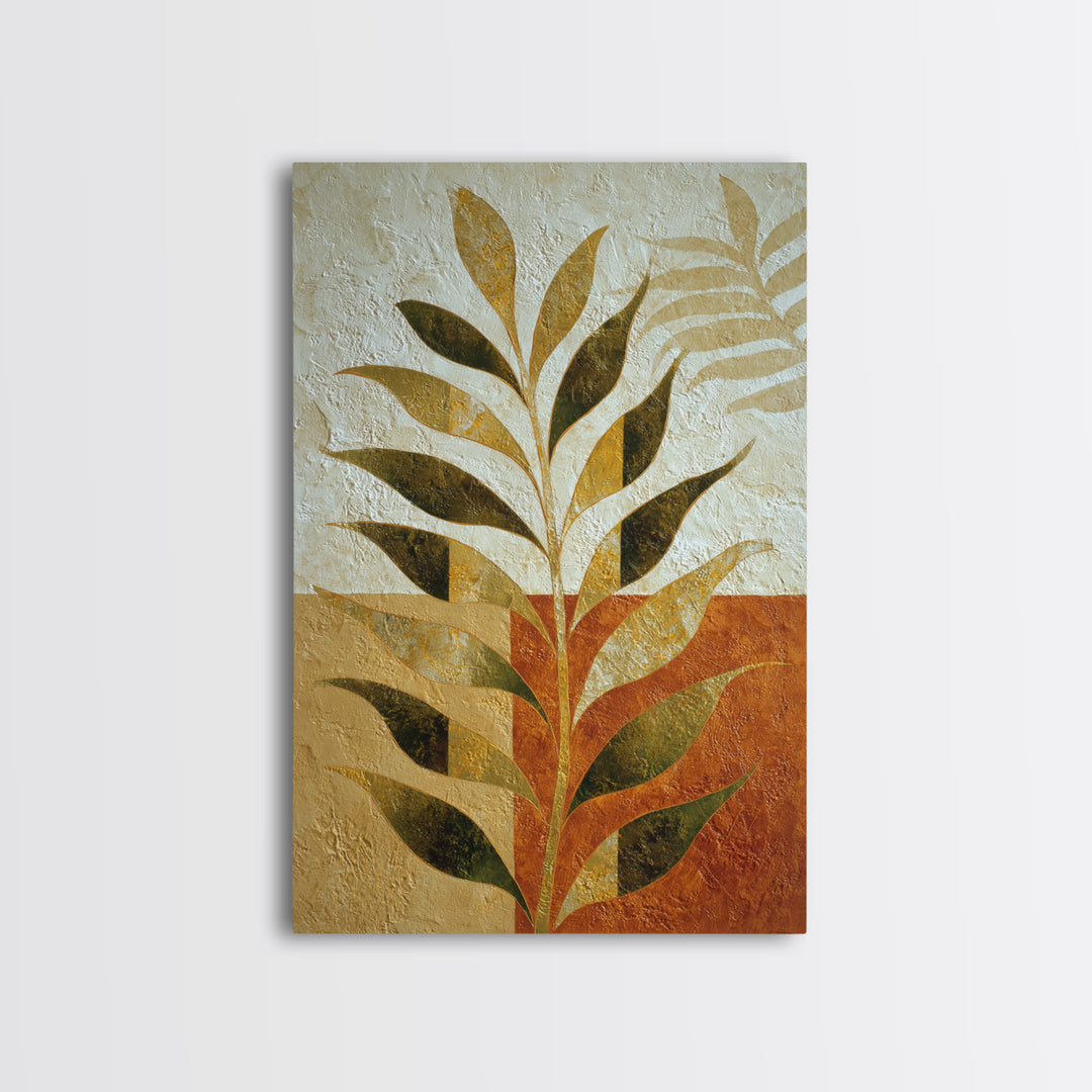 Olive Green Abstract Leaf Pattern Framed Canvas Print, Monochrome Art, Bedroom Decor, Living Room Decor, Oil Painting, Mono, MON-2x3-28