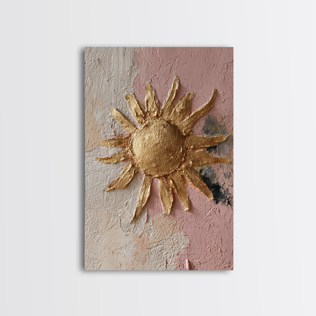 Gold Tonal Sunburst Medallion Framed Canvas Print, Monochrome Art, Textured Painting, Living Room Decor, Fine Art, Mono, MON-2x3-46