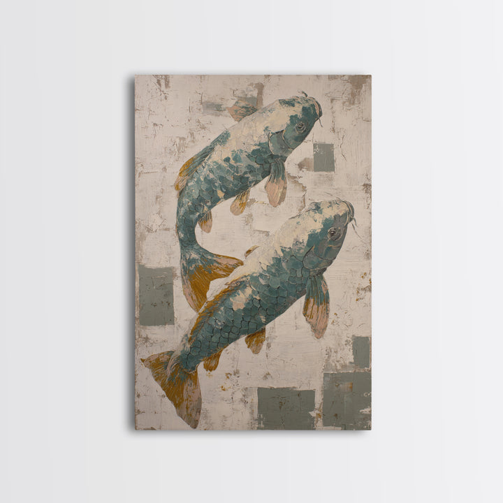 Teal Koi Fish on Tonal Water Canvas Print, Monochrome Art, Digital Art, Living Room Decor, Fine Art, Mono, Dark Academia Decor, MON-2x3-49