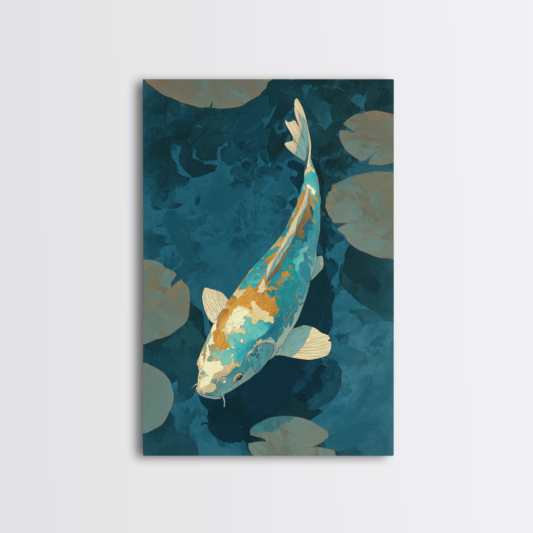 Teal Koi Fish on Tonal Water Framed Canvas Print, Monochrome Art, Original Art, Living Room Decor, Fine Art, Mono, Bird Art, MON-2x3-73