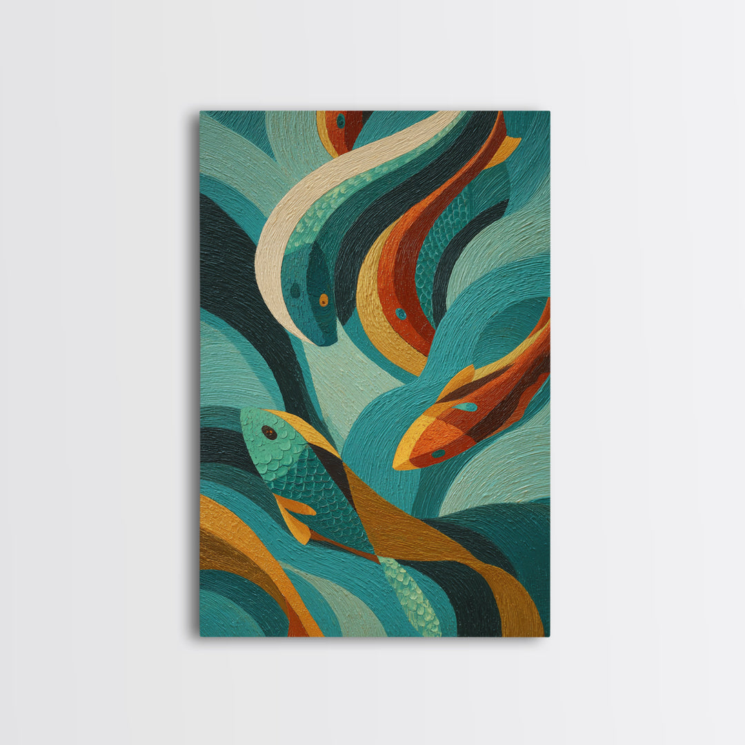 Teal Koi Fish on Tonal Water Framed Canvas Print, Monochrome Art, Original Art, Living Room Decor, Fine Art, Mono, Bird Art, MON-2x3-97