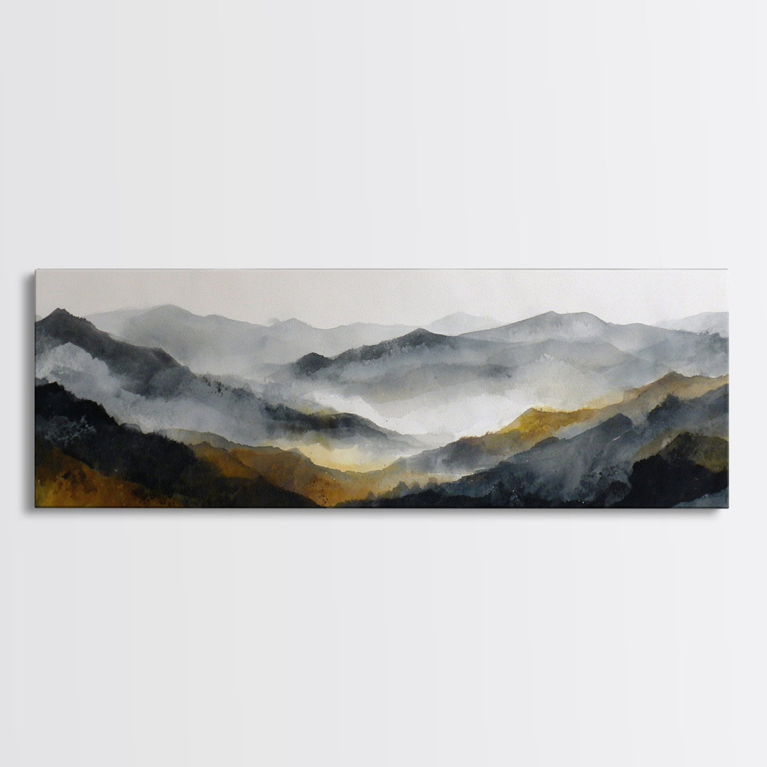 Charcoal Mountain Landscape Canvas Print, Monochrome Art, Abstract Painting, Living Room Decor, Oil Painting, Mono, MON-3x1-20
