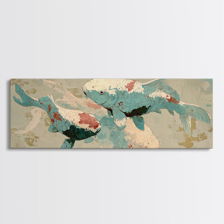 Teal Koi Fish on Tonal Water Canvas Print, Monochrome Art, Digital Print, Living Room Decor, Fine Art, Mono, Modern Art, MON-3x1-33