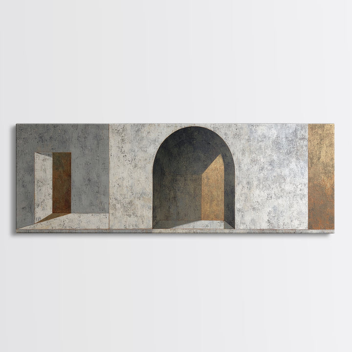Gray Architectural Arch and Shadow Study Canvas Print, Monochrome Art, Large Wall Art, Living Room Decor, Watercolor Art, Mono, MON-3x1-50