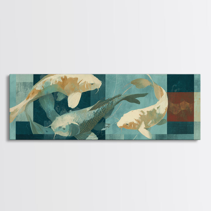 Teal Koi Fish on Tonal Water Framed Canvas Print, Monochrome Art, Dopamine Decor, Living Room Decor, Mono, Modern Decor, MON-3x1-57