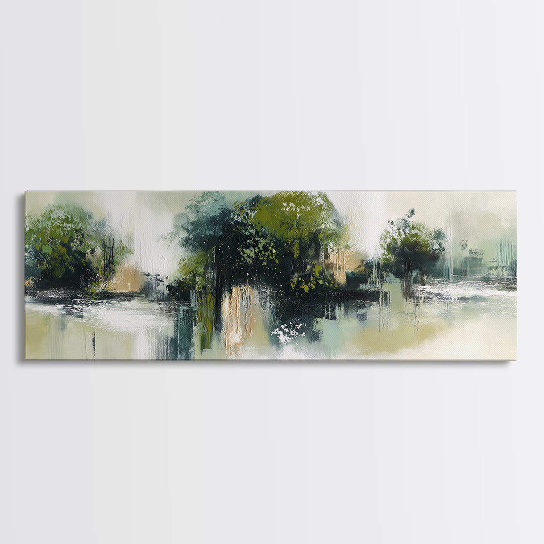 Deep Green Forest Silhouette Study Framed Canvas Print, Monochrome Art, Boho Wall Art, Living Room Decor, Oil Painting, Mono, MON-3x1-77