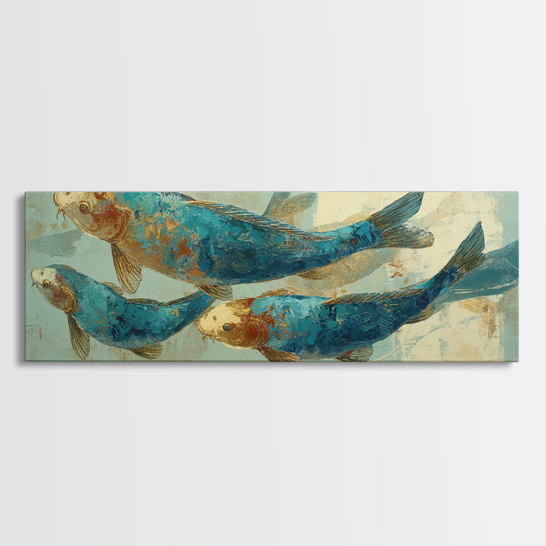 Teal Koi Fish on Tonal Water Framed Canvas Print, Monochrome Art, Dopamine Decor, Living Room Decor, Mono, Modern Decor, MON-3x1-81