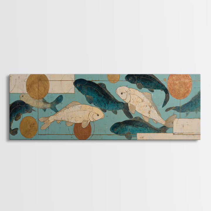 Teal Koi Fish on Tonal Water Framed Canvas Print, Monochrome Art, Digital Wall Art, Living Room Decor, Fine Art, Mono, MON-3x1-9