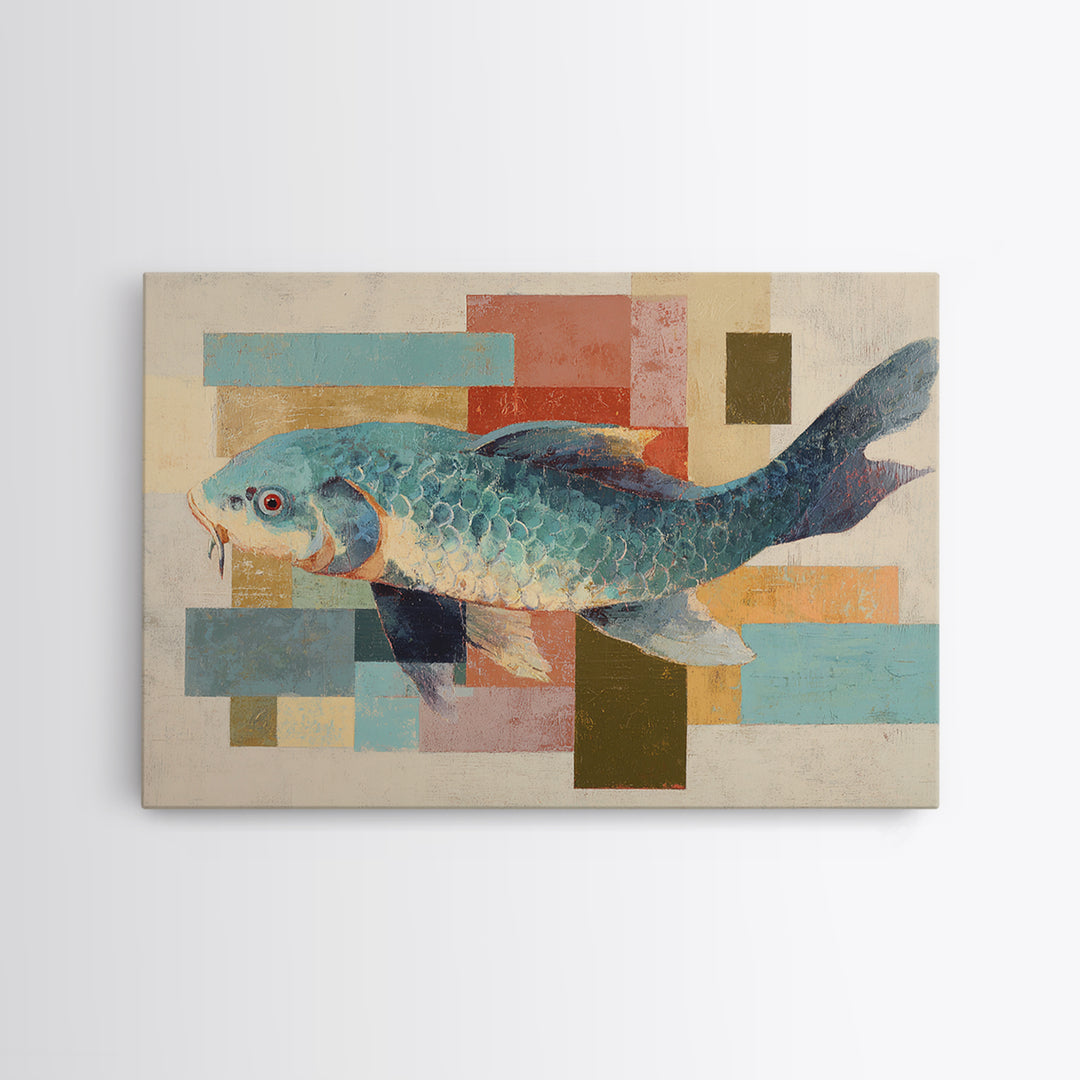 Teal Koi Fish on Tonal Water Canvas Print, Monochrome Art, Printable Art, Living Room Decor, Mono, Minimalist Wall Art, MON-3x2-21