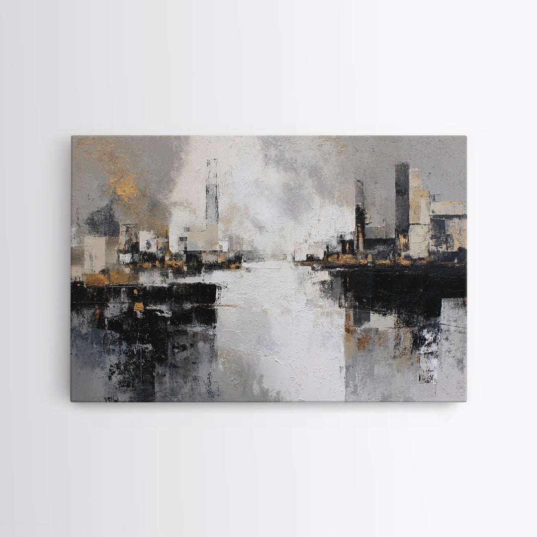 Black and White City Reflection Framed Canvas Print, Monochrome Art, Living Room Decor, Abstract Art, Mono, Gallery Decor, MON-3x2-25