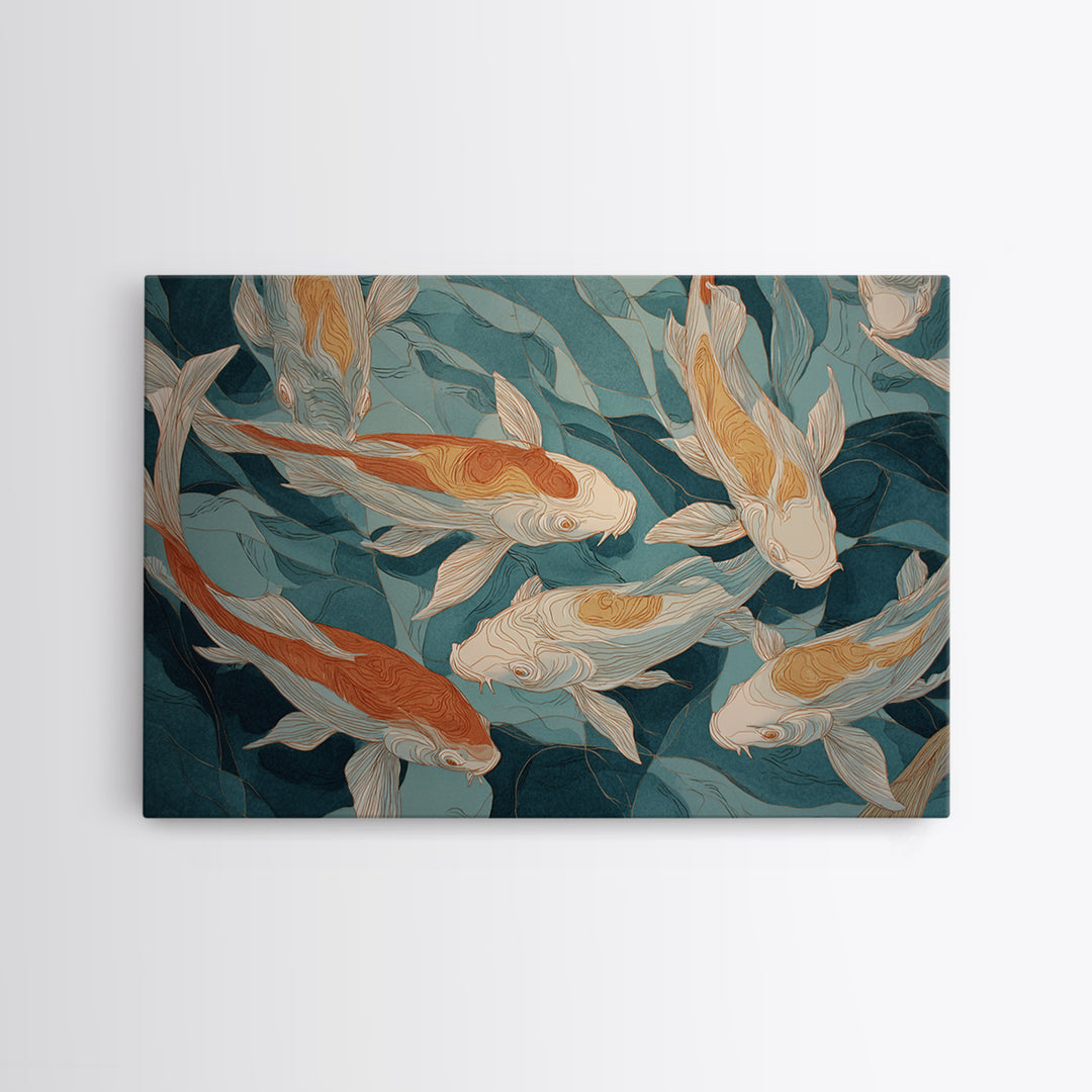 Teal Koi Fish on Tonal Water Framed Canvas Print, Monochrome Art, Modern Wall Art, Living Room Decor, Fine Art, Mono, MON-3x2-45