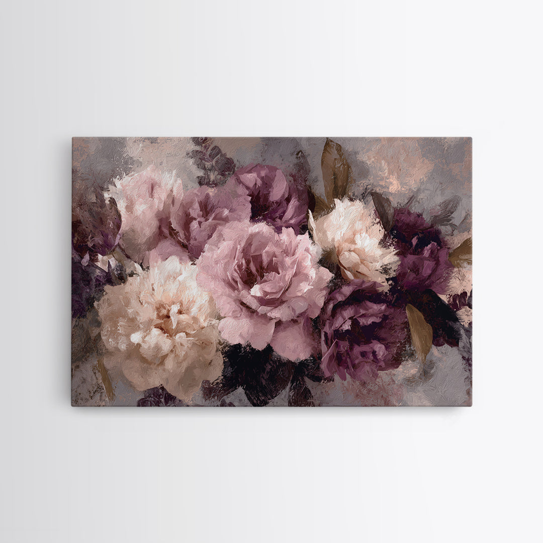 Monochrome Floral Bouquet Framed Canvas Print, Monochrome Art, Textured Wall Art, Living Room Decor, Mono, Wallpaper Mural, MON-3x2-46