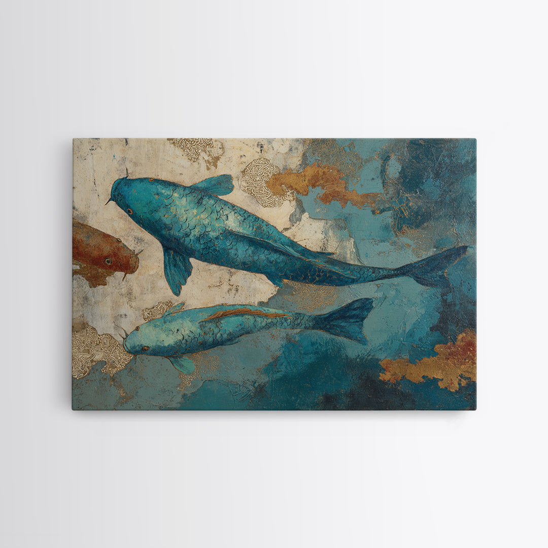 Teal Koi Fish on Tonal Water Framed Canvas Print, Monochrome Art, Modern Wall Art, Living Room Decor, Fine Art, Mono, MON-3x2-69