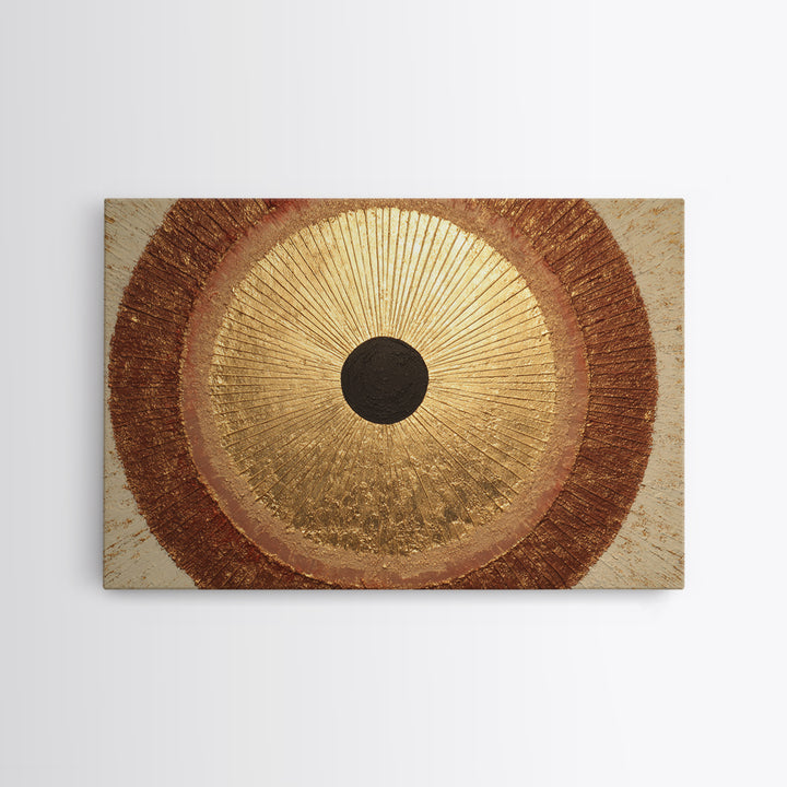 Gold Tonal Sunburst Medallion Framed Canvas Print, Monochrome Art, Dark Academia Decor, Living Room Decor, Fine Art, Mono, MON-3x2-90