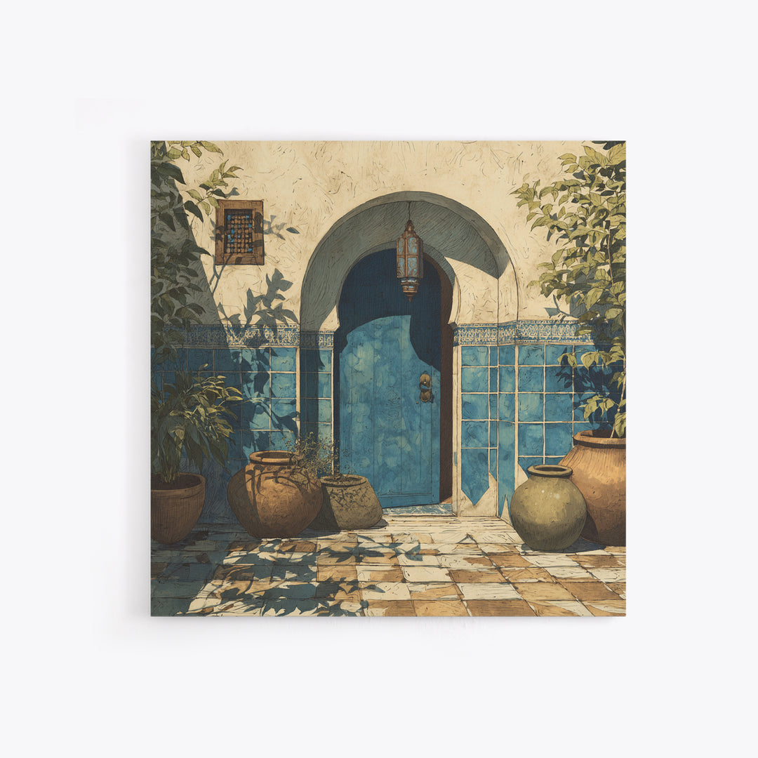 Arched Doorway with Lantern Glow and Patterned Canvas Print, Moroccan Art, Neutral Decor, Living Room Decor, Marrakesh, MOR-1x1-26