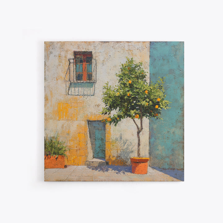Orange Tree in Tiled Courtyard Framed Canvas Print, Moroccan Art, Contemporary Art, Living Room Decor, Oil Painting, Marrakesh, MOR-1x1-37