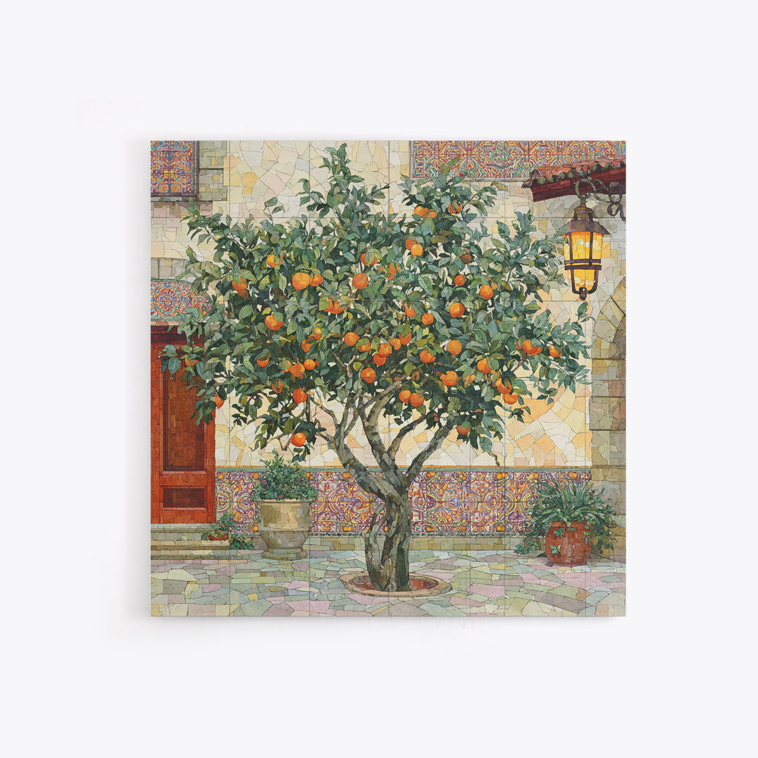 Orange Tree in Tiled Courtyard Framed Canvas Print, Moroccan Art, Contemporary Art, Living Room Decor, Oil Painting, Marrakesh, MOR-1x1-61