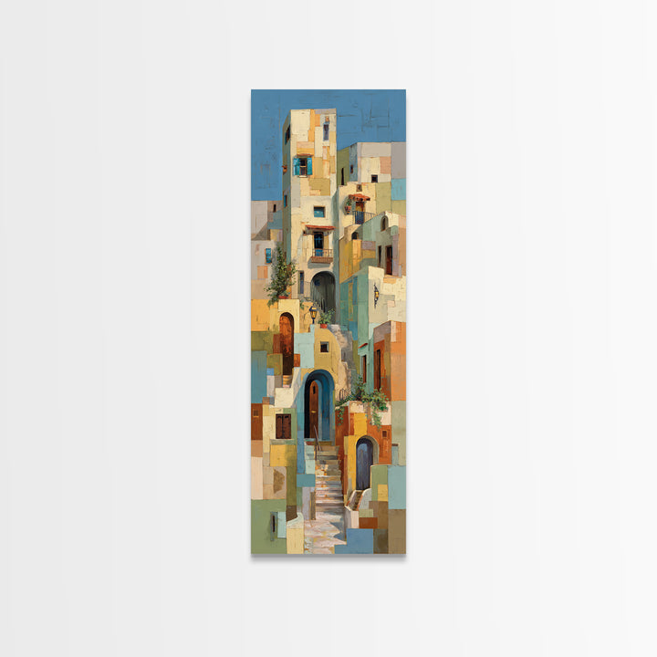 Blue City Alley Rendered as Painterly Shapes Canvas Print, Moroccan Art, Digital Art, Living Room Decor, Abstract Art, MOR-1x3-90