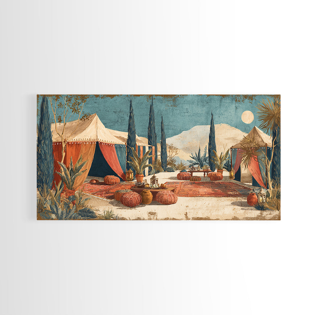 Desert Tent with Woven Rugs and Lanterns Framed Canvas Print, Moroccan Art, Art Prints, Living Room Decor, Fine Art, Marrakesh, MOR-2x1-10
