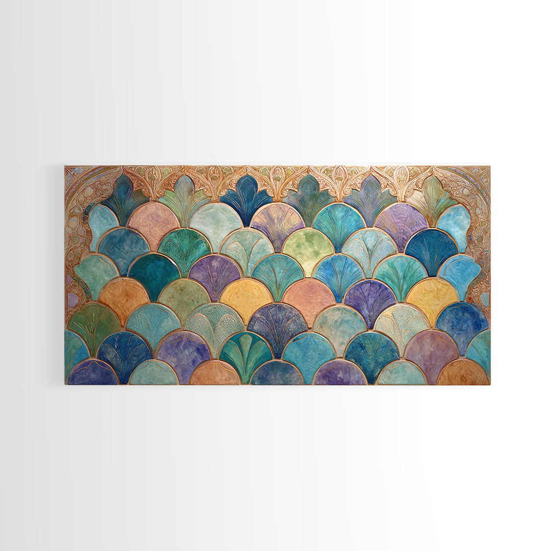 Turquoise Tile Fish Scale Pattern Canvas Print, Moroccan Art, Wall Art Print, Living Room Decor, Fine Art, Marrakesh, MOR-2x1-17