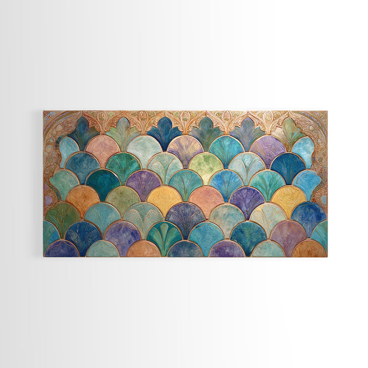 Turquoise Tile Fish Scale Pattern Canvas Print, Moroccan Art, Wall Art Print, Living Room Decor, Fine Art, Marrakesh, MOR-2x1-17
