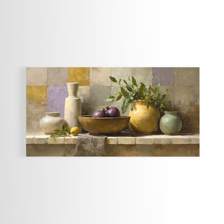 Pomegranate and Brass Bowl Still Life Framed Canvas Print, Moroccan Art, Wall Art, Living Room Decor, Fine Art, Marrakesh, MOR-2x1-42