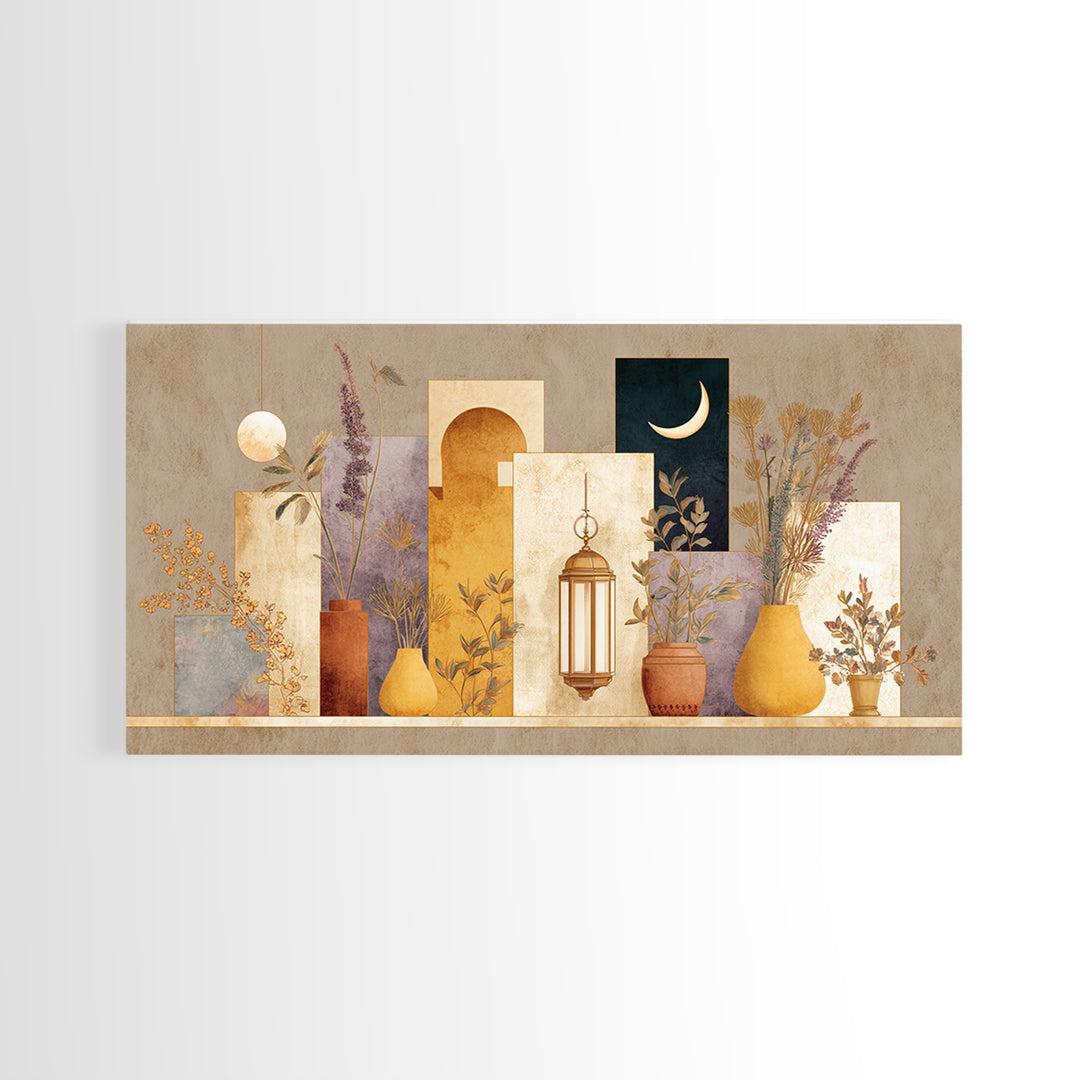Camel Silhouette Beneath Crescent Moon Framed Canvas Print, Moroccan Art, African Art, Living Room Decor, Fine Art, Marrakesh, MOR-2x1-55